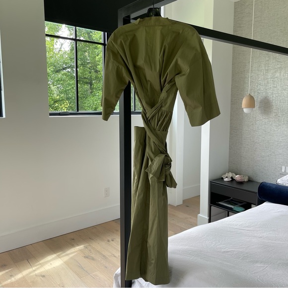 Three Graces London Charita Green Cotton-poplin Wrap Dress In Khaki Army Green - Picture 11 of 15